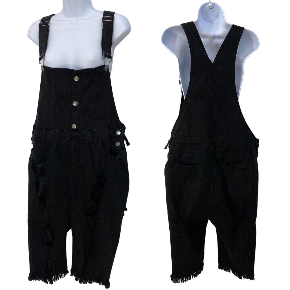 Plus Size Distressed Denim Shortalls 2X Black Stretch Y2k Grunge Streetwear